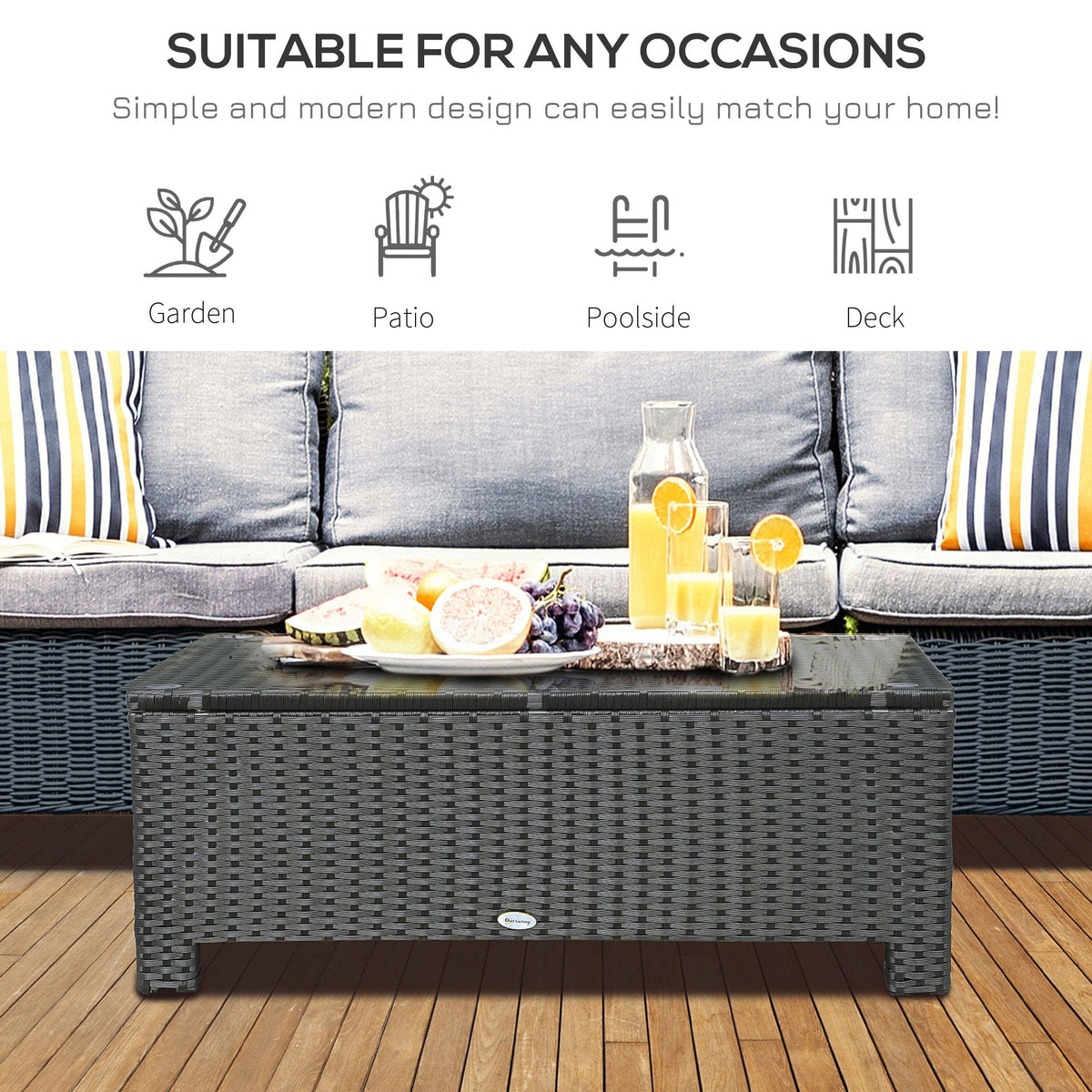 Rectangular Rattan Coffee Table with Tempered Glass Top for Garden, Patio, Black