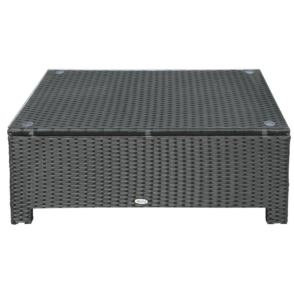 Rectangular Rattan Coffee Table with Tempered Glass Top for Garden, Patio, Black