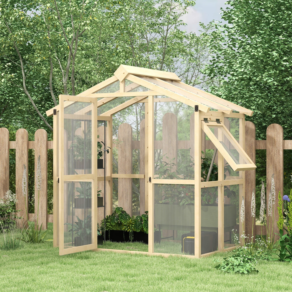 6.5' x 4' x 6.7' Outdoor Greenhouse with Wood Frame, Automatic Temperature Window and Lockable Door