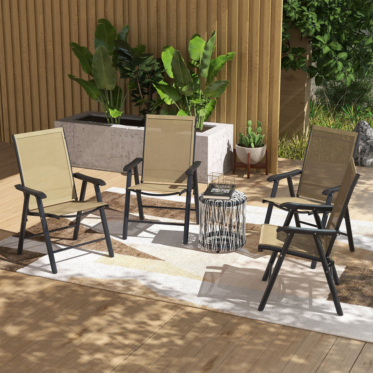 4-Piece Outdoor Folding Chairs, Stackable Metal Frame with Armrests, Light Mixed Brown