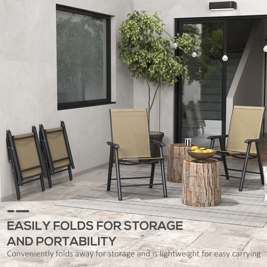 4-Piece Outdoor Folding Chairs, Stackable Metal Frame with Armrests, Light Mixed Brown