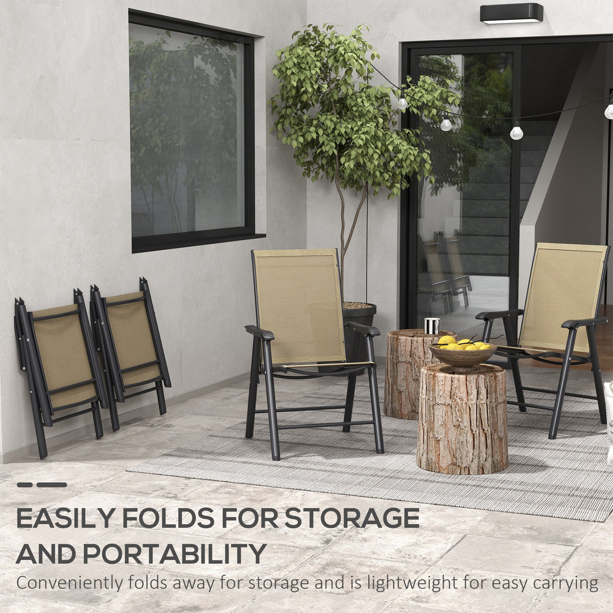 4-Piece Outdoor Folding Chairs, Stackable Metal Frame with Armrests, Light Mixed Brown