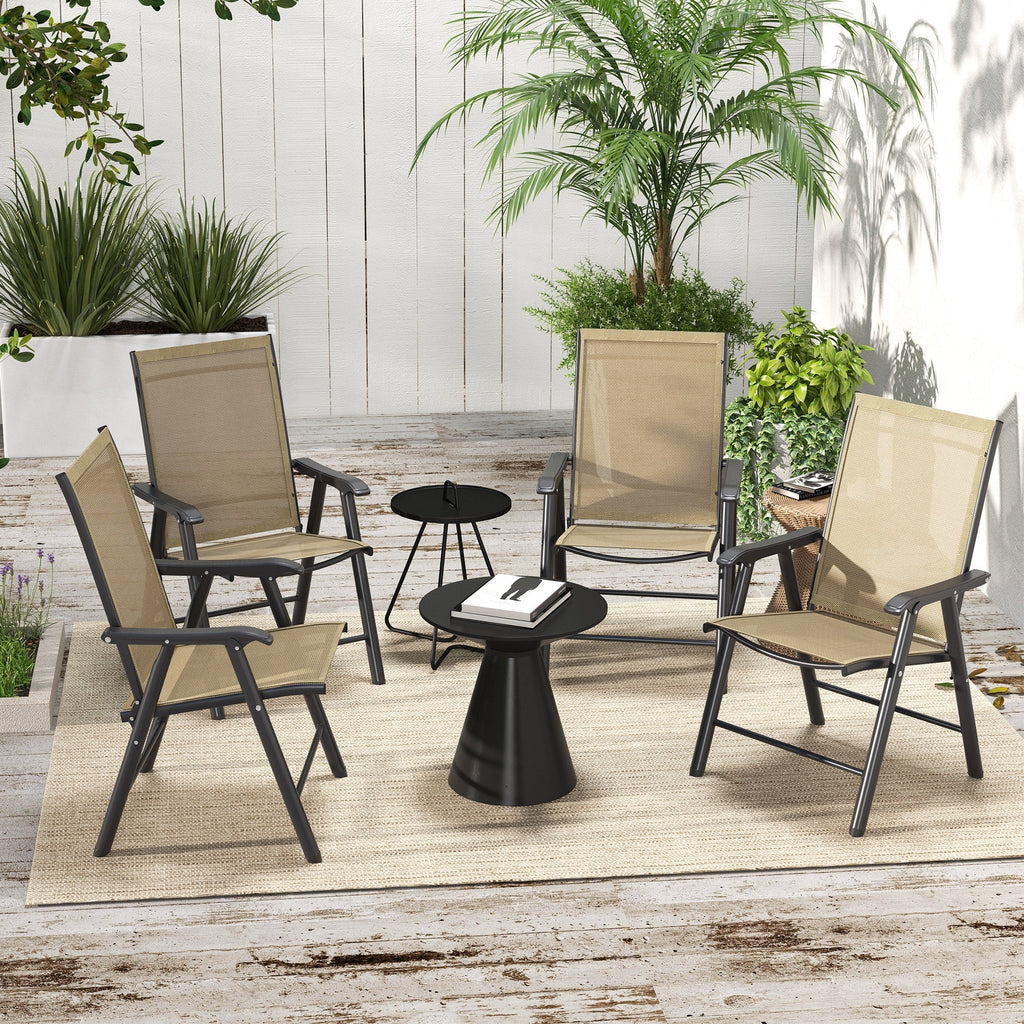 4-Piece Outdoor Folding Chairs, Stackable Metal Frame with Armrests, Light Mixed Brown