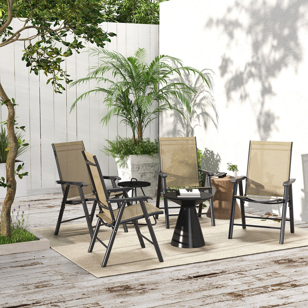 4-Piece Outdoor Folding Chairs, Stackable Metal Frame with Armrests, Light Mixed Brown