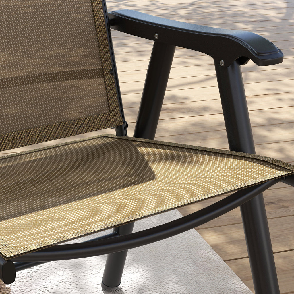 4-Piece Outdoor Folding Chairs, Stackable Metal Frame with Armrests, Light Mixed Brown