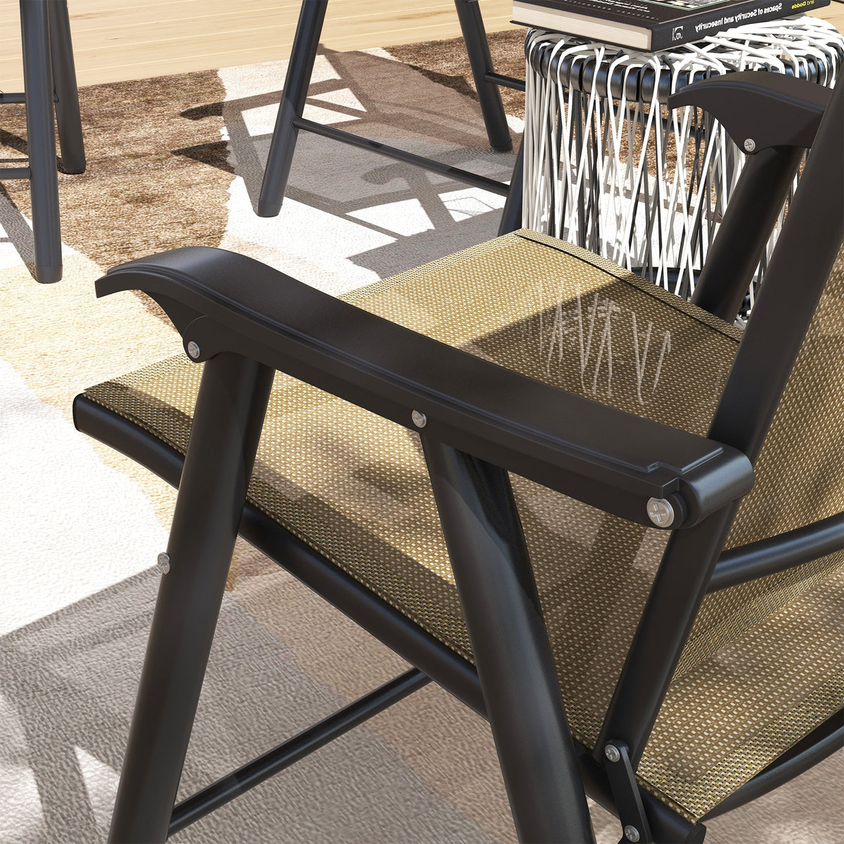 4-Piece Outdoor Folding Chairs, Stackable Metal Frame with Armrests, Light Mixed Brown