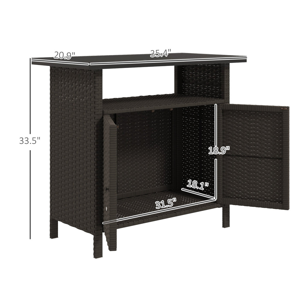 Rattan Outdoor Bar Table with Shelf and Metal Slatted Countertop, Dark Coffee
