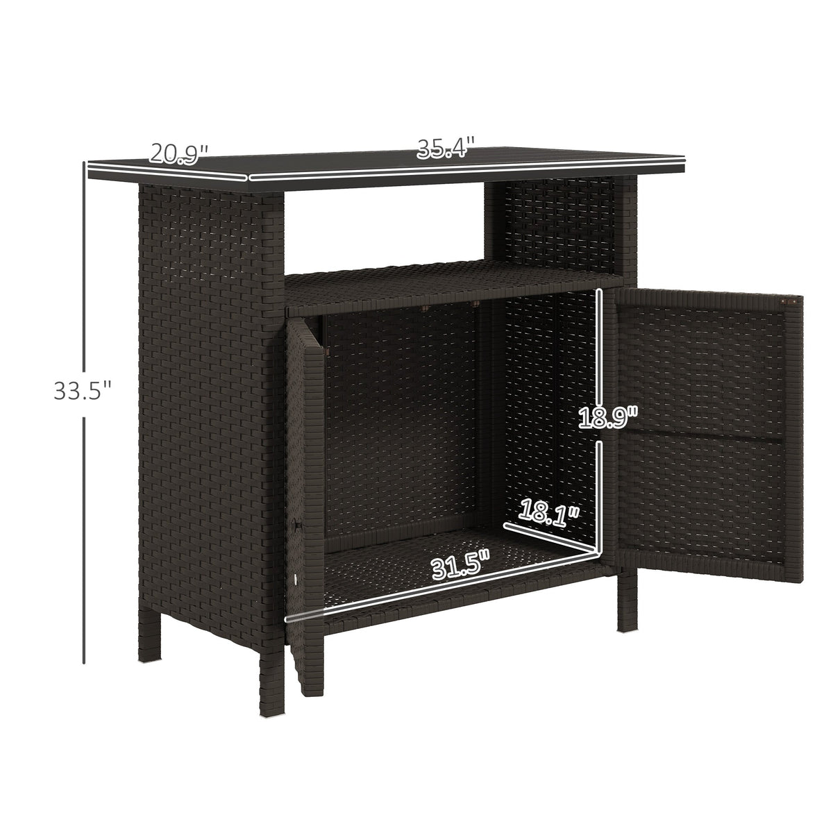 Rattan Outdoor Bar Table with Shelf and Metal Slatted Countertop, Dark Coffee