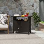 Rattan Outdoor Bar Table with Shelf and Metal Slatted Countertop, Dark Coffee
