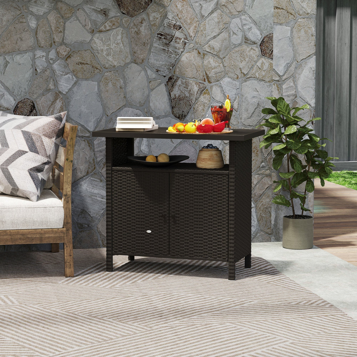 Rattan Outdoor Bar Table with Shelf and Metal Slatted Countertop, Dark Coffee