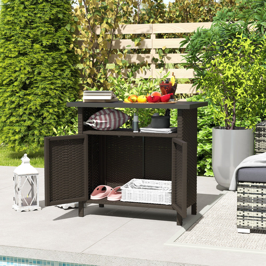 Rattan Outdoor Bar Table with Shelf and Metal Slatted Countertop, Dark Coffee
