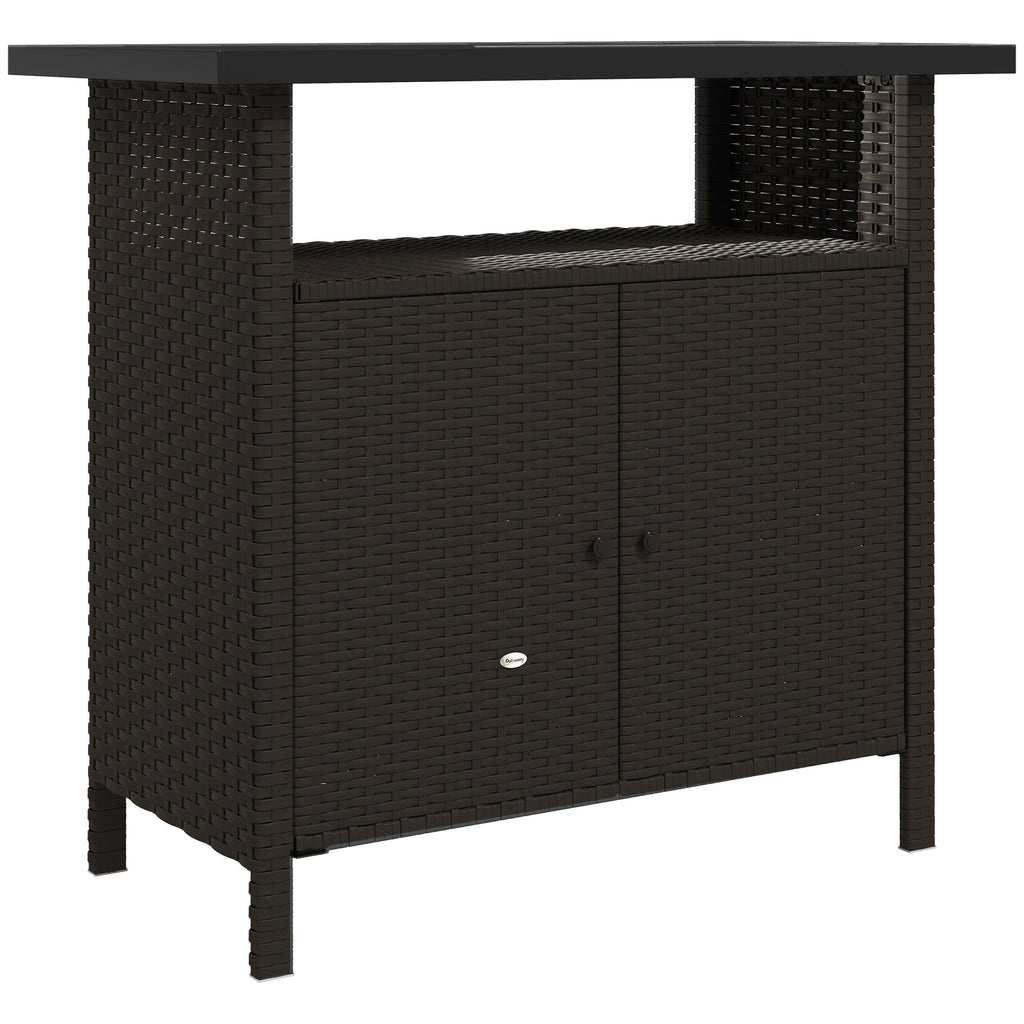 Rattan Outdoor Bar Table with Shelf and Metal Slatted Countertop, Dark Coffee