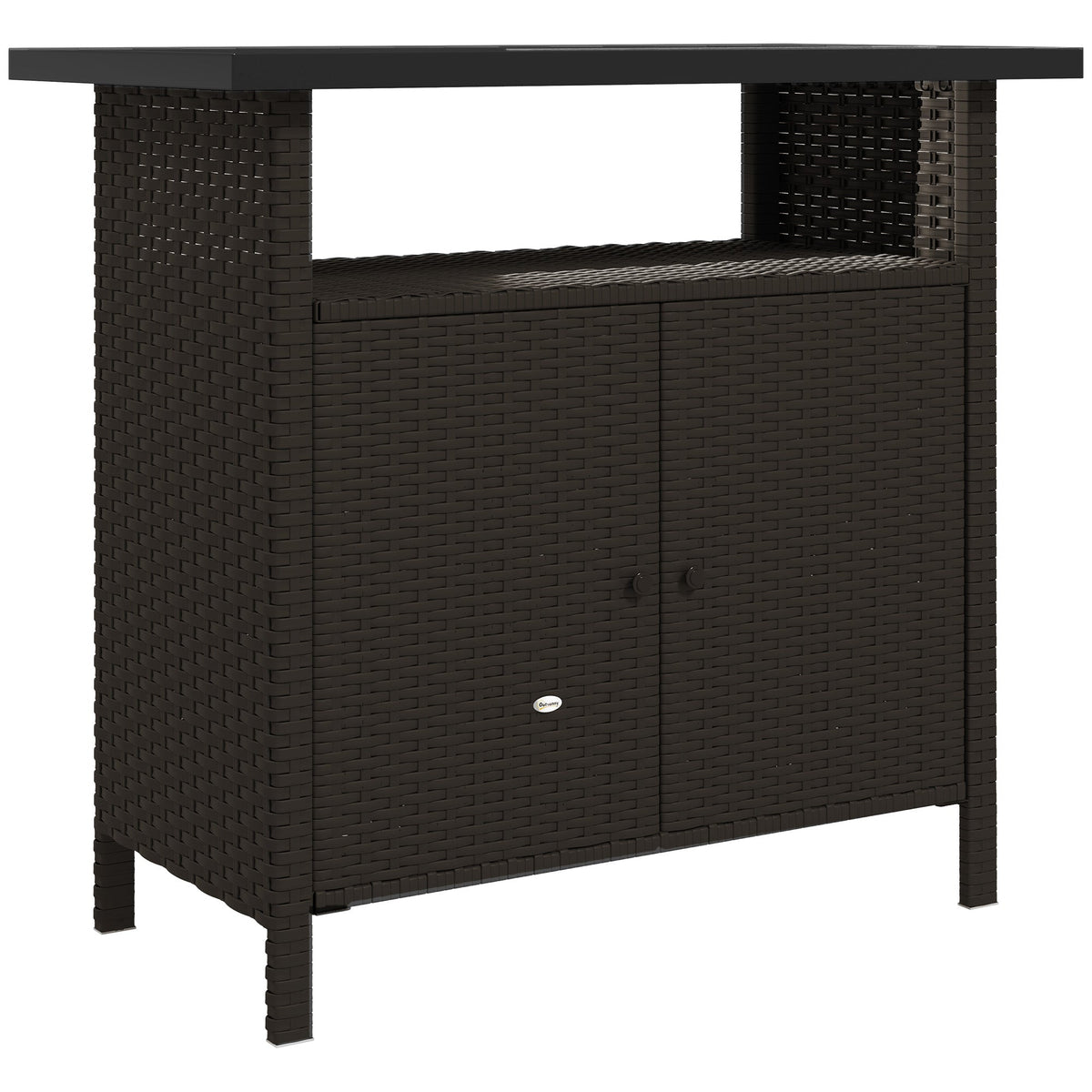Rattan Outdoor Bar Table with Shelf and Metal Slatted Countertop, Dark Coffee