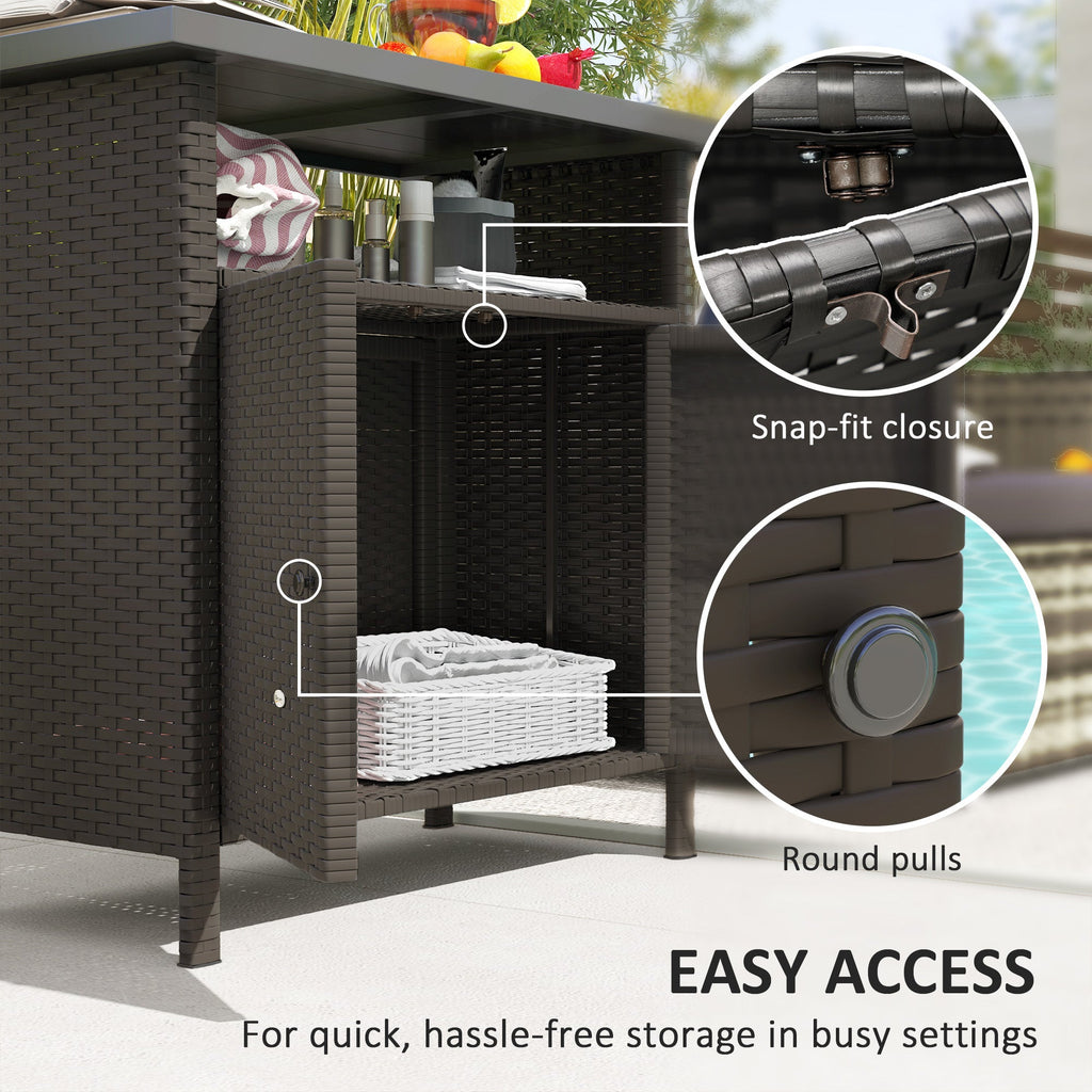 Rattan Outdoor Bar Table with Shelf and Metal Slatted Countertop, Dark Coffee