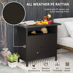 Rattan Outdoor Bar Table with Shelf and Metal Slatted Countertop, Dark Coffee