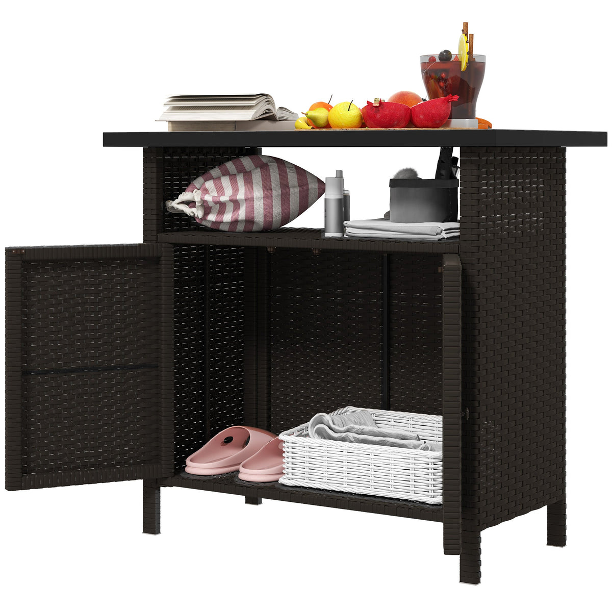 Rattan Outdoor Bar Table with Shelf and Metal Slatted Countertop, Dark Coffee