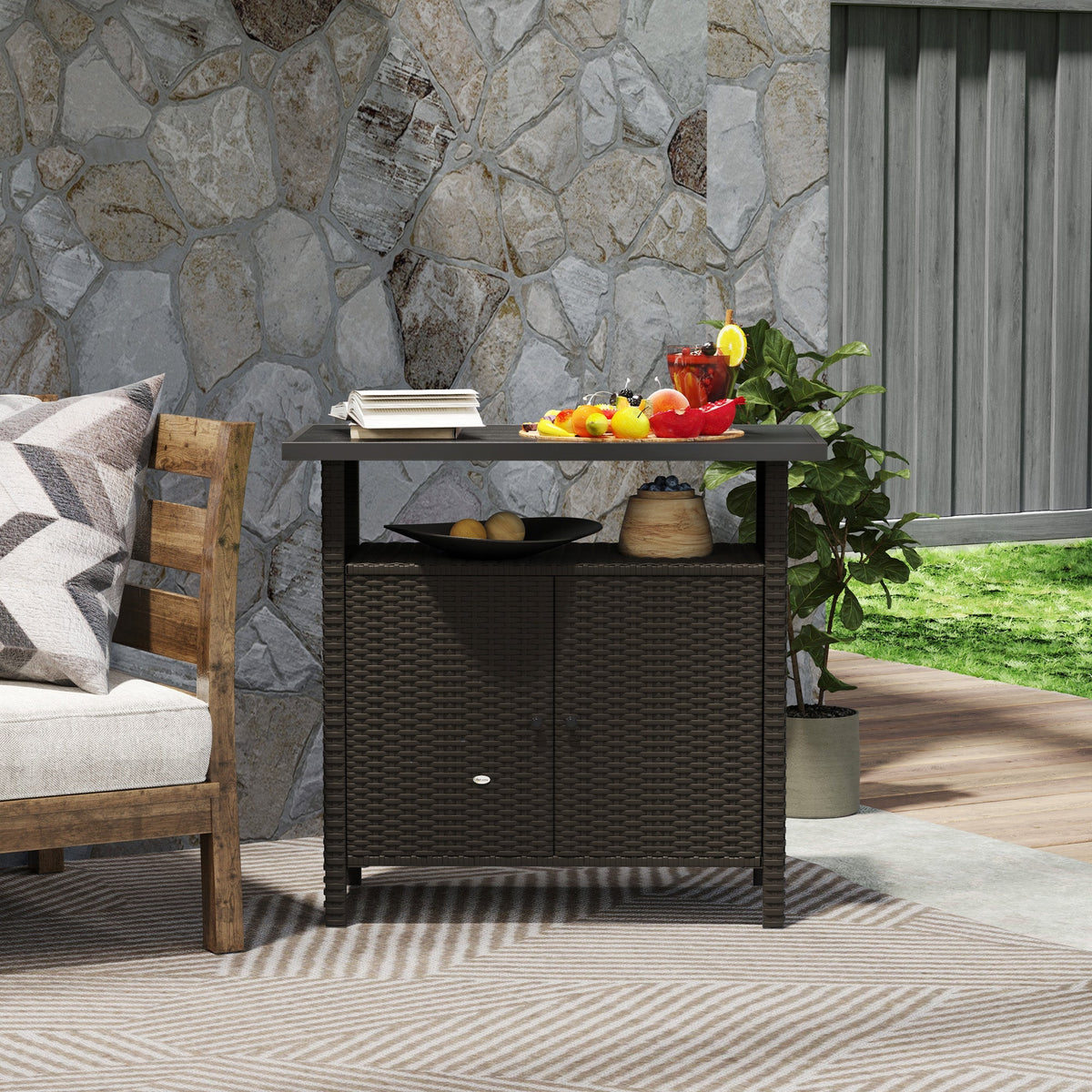 Rattan Outdoor Bar Table with Shelf and Metal Slatted Countertop, Dark Coffee