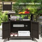 Rattan Outdoor Bar Table with Shelf and Metal Slatted Countertop, Dark Coffee