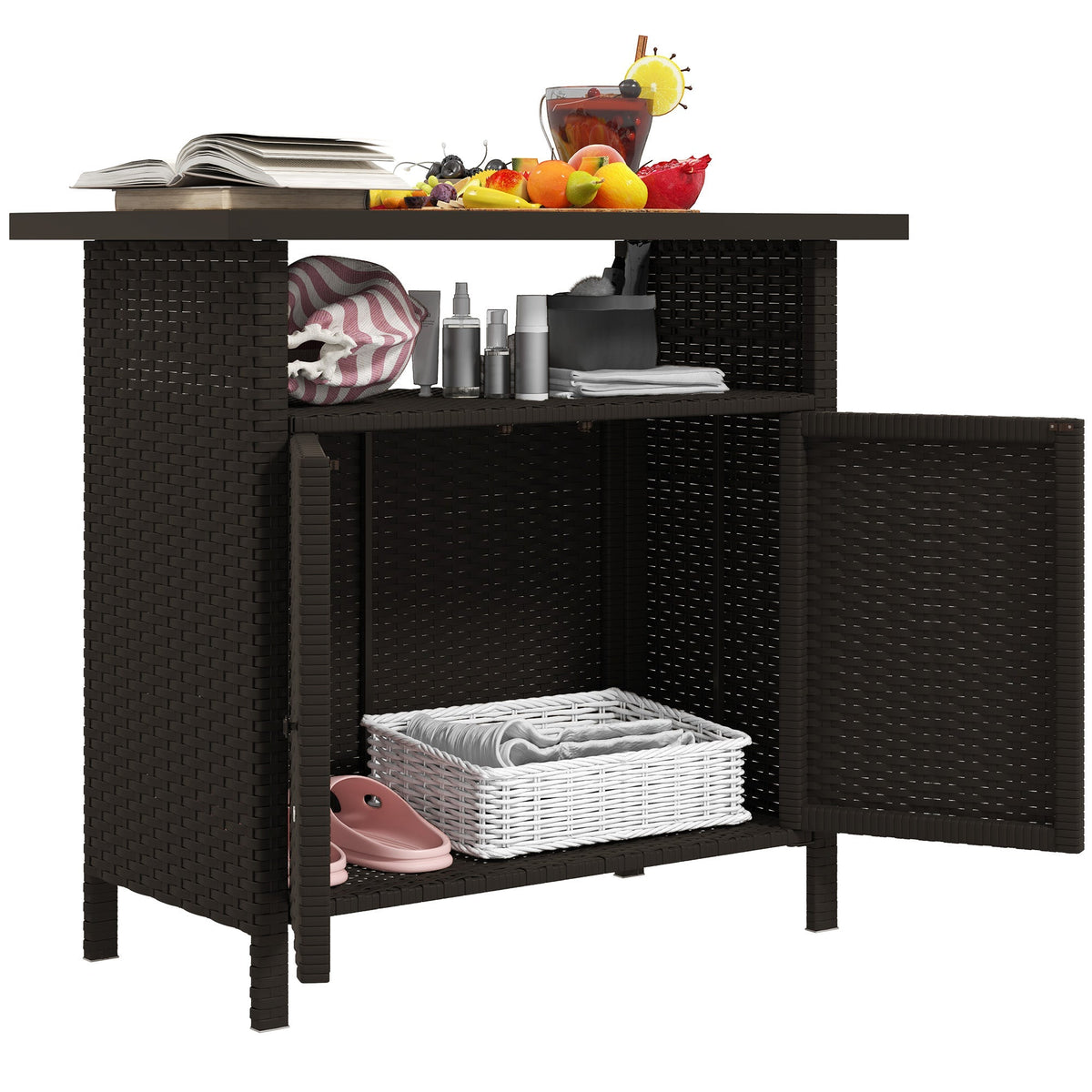 Rattan Outdoor Bar Table with Shelf and Metal Slatted Countertop, Dark Coffee