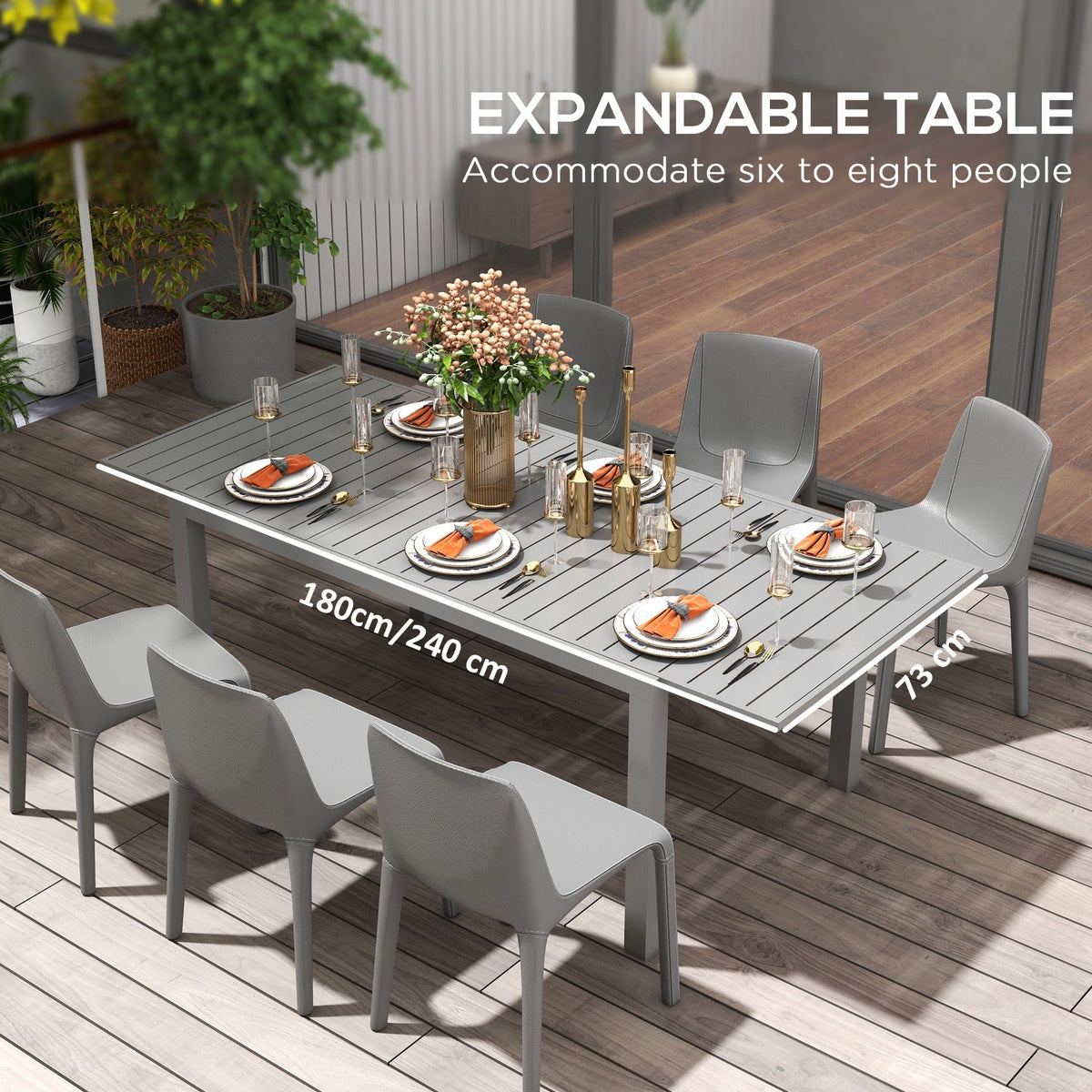 Aluminum Expandable Dining Table for 6-8, Rectangle Patio Table for Garden, Charcoal Grey