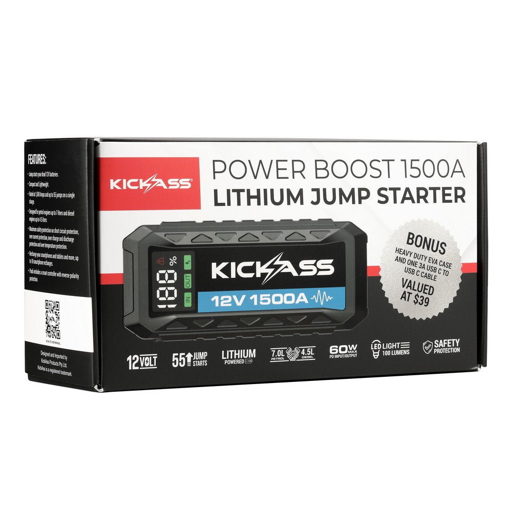 KickAss 12V, 1500A Portable Car Jump Starter with Power Bank - 3000A Peak