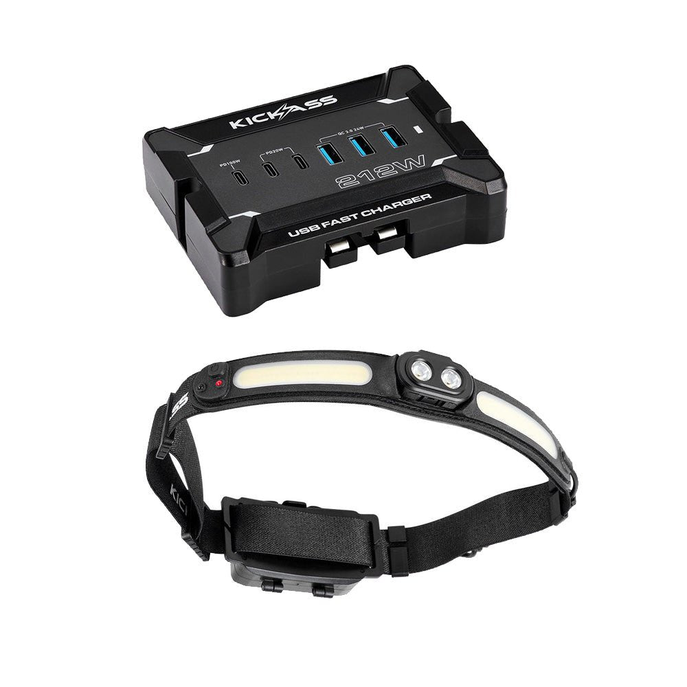 KickAss 12V Anderson To USB Fast Charger + Premium Rechargeable 3-In-1 Head Torch Bundle