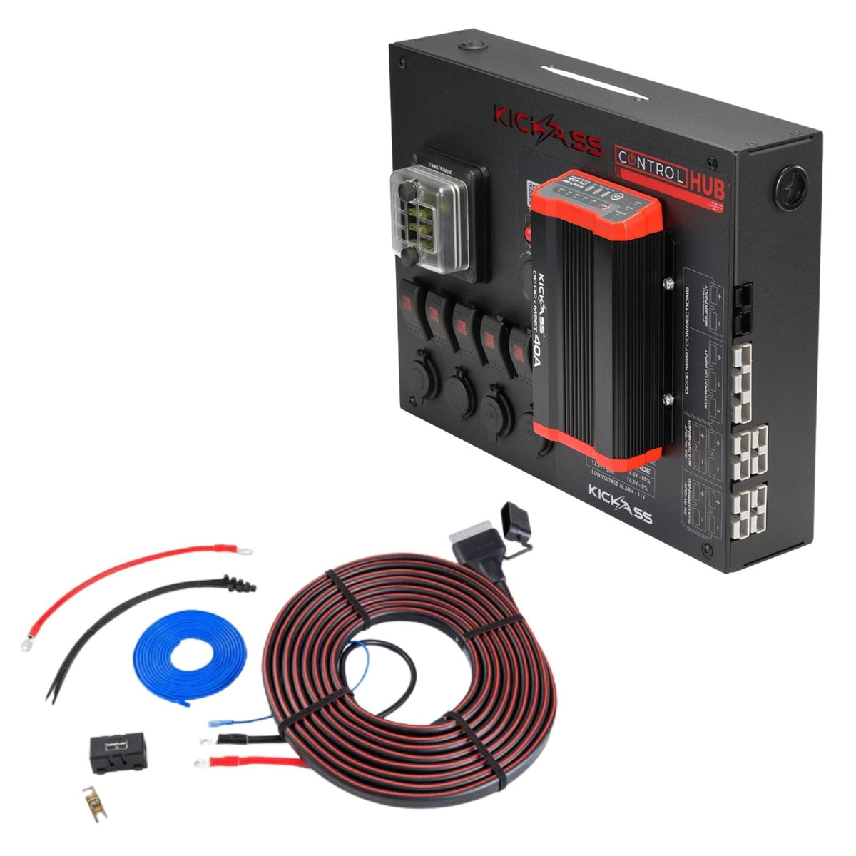 KickAss 12V Control Hub / Panel with 40A DCDC Charger + Wiring Kit Bundle