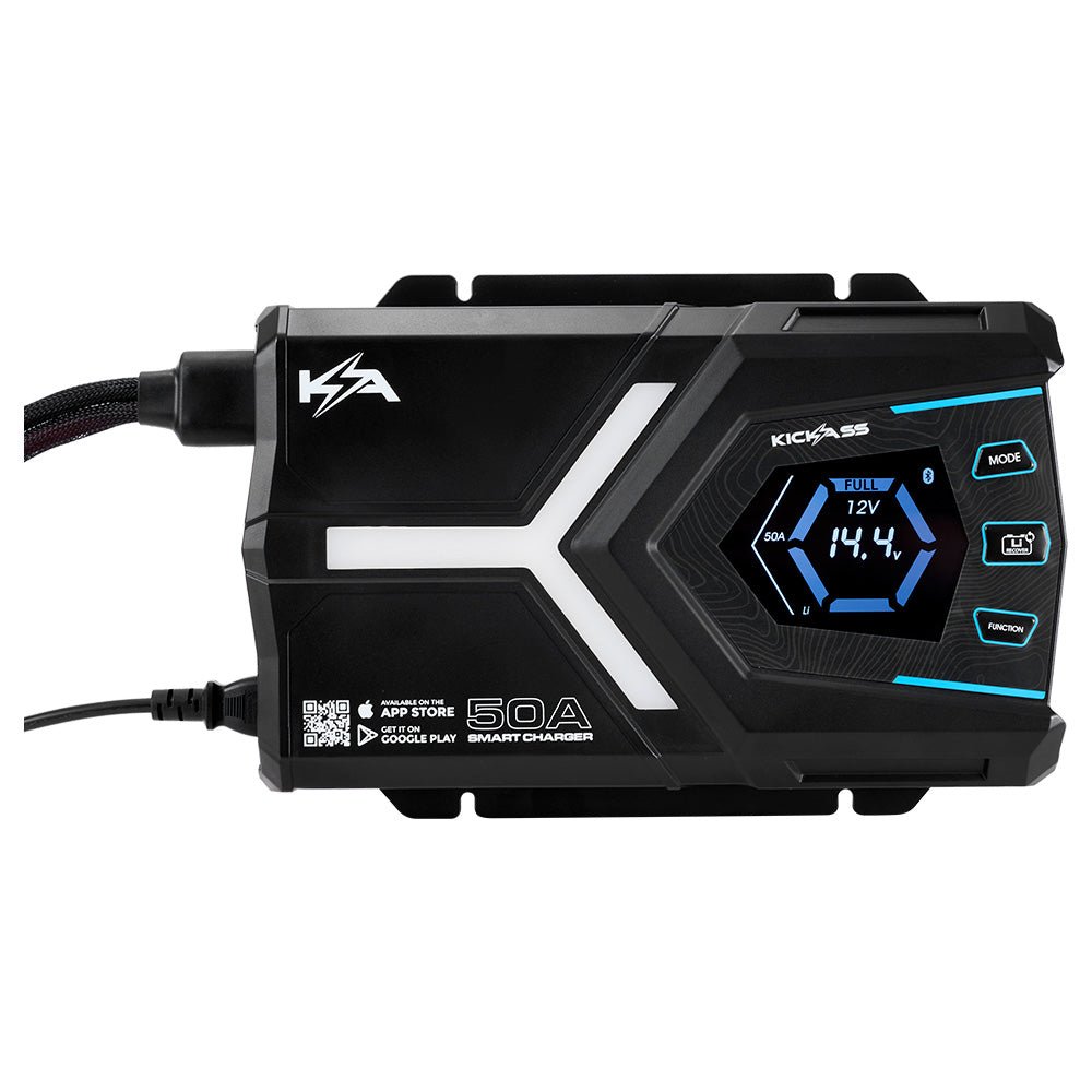 KickAss Flexicharge 12V 50A ACDC Smart Battery Charger For Lead Acid, AGM & Lithium Batteries + Integrated Bluetooth