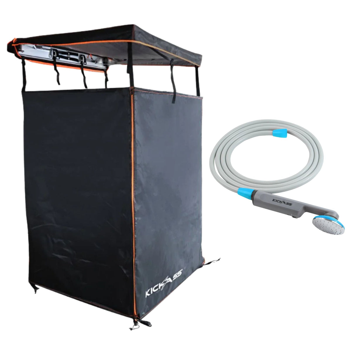 KickAss Shower Awning + 12V Camping Shower Bundle - Black & Orange