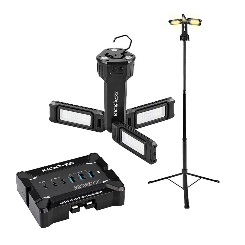 KickAss Rechargeable 2.2m Tripod Camping Light + 12V Anderson To USB Fast Charger Bundle
