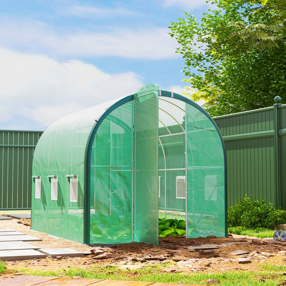 3 x 2m Walk-in Polytunnel Greenhouse with 2 Hinged Doors & 6 Mesh Windows, Green