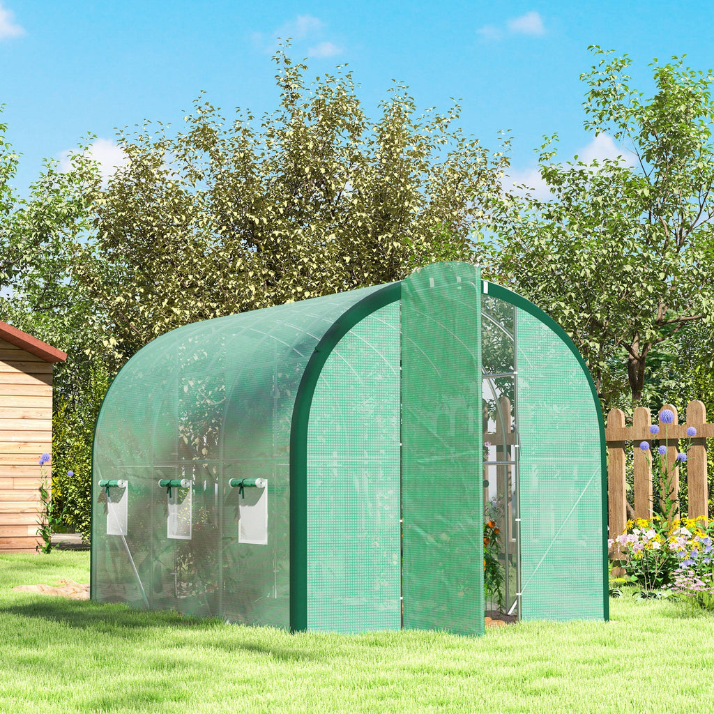 3 x 2m Walk-in Polytunnel Greenhouse with 2 Hinged Doors & 6 Mesh Windows, Green