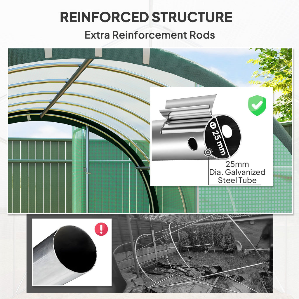 3 x 2m Walk-in Polytunnel Greenhouse with 2 Hinged Doors & 6 Mesh Windows, Green