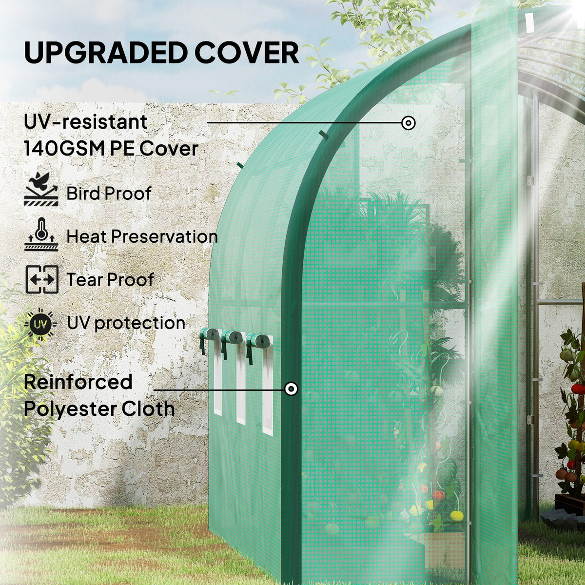 3 x 2m Walk-in Polytunnel Greenhouse with 2 Hinged Doors & 6 Mesh Windows, Green