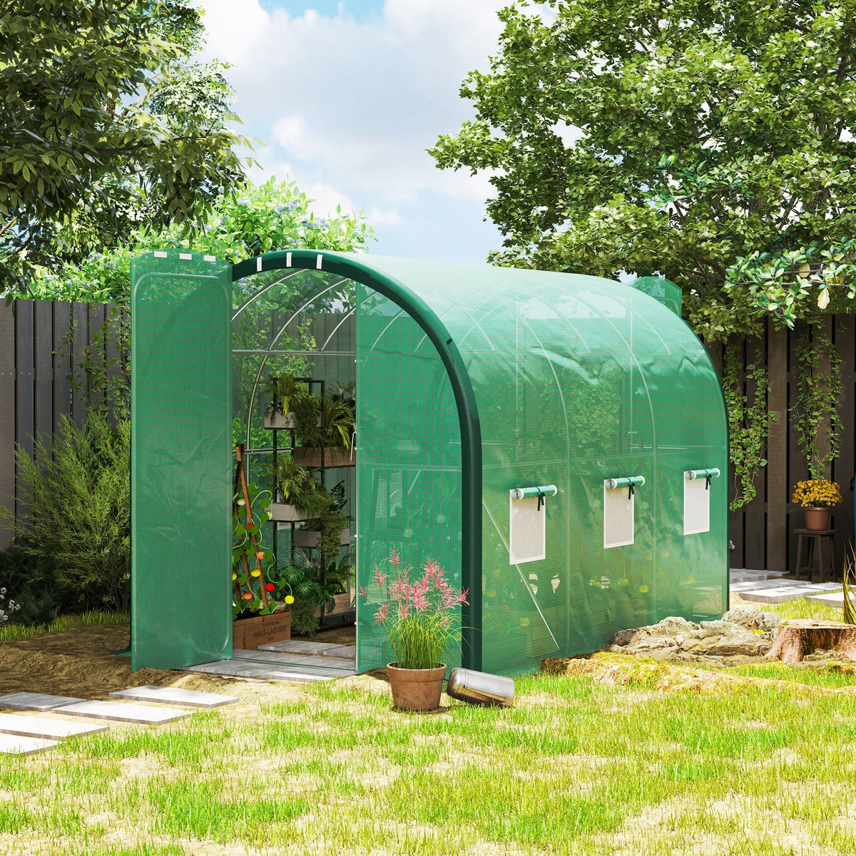 3 x 2m Walk-in Polytunnel Greenhouse with 2 Hinged Doors & 6 Mesh Windows, Green