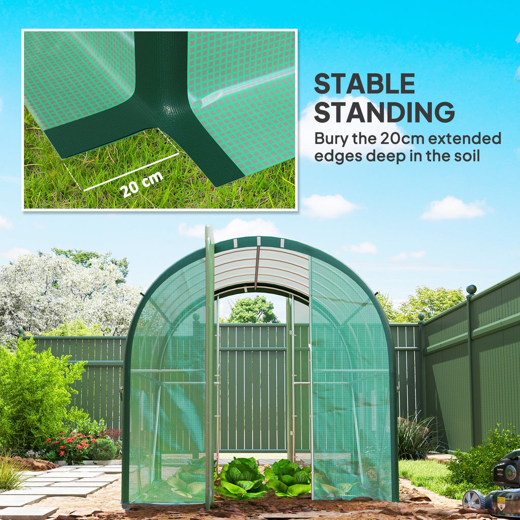 3 x 2m Walk-in Polytunnel Greenhouse with 2 Hinged Doors & 6 Mesh Windows, Green