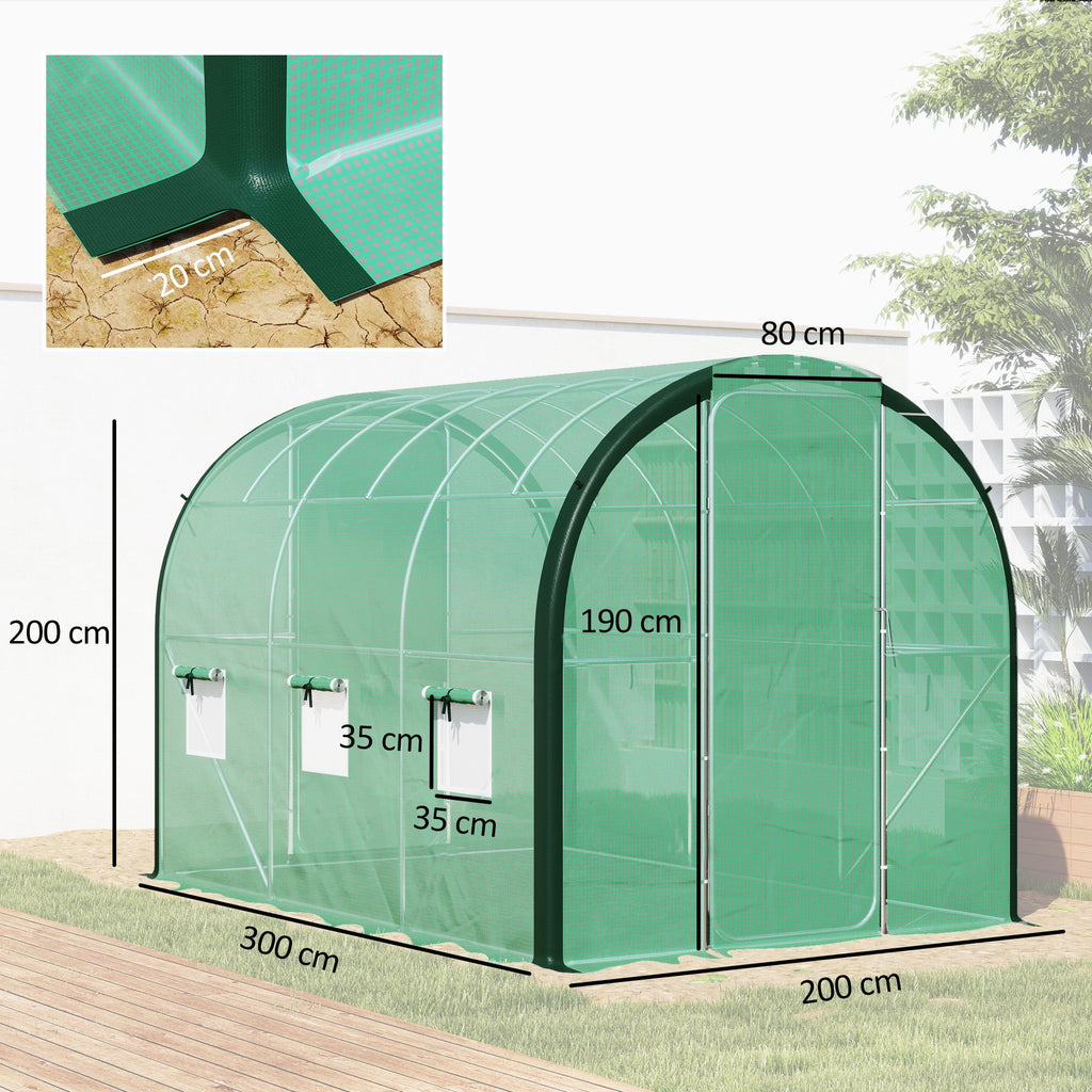 3 x 2m Walk-in Polytunnel Greenhouse with 2 Hinged Doors & 6 Mesh Windows, Green