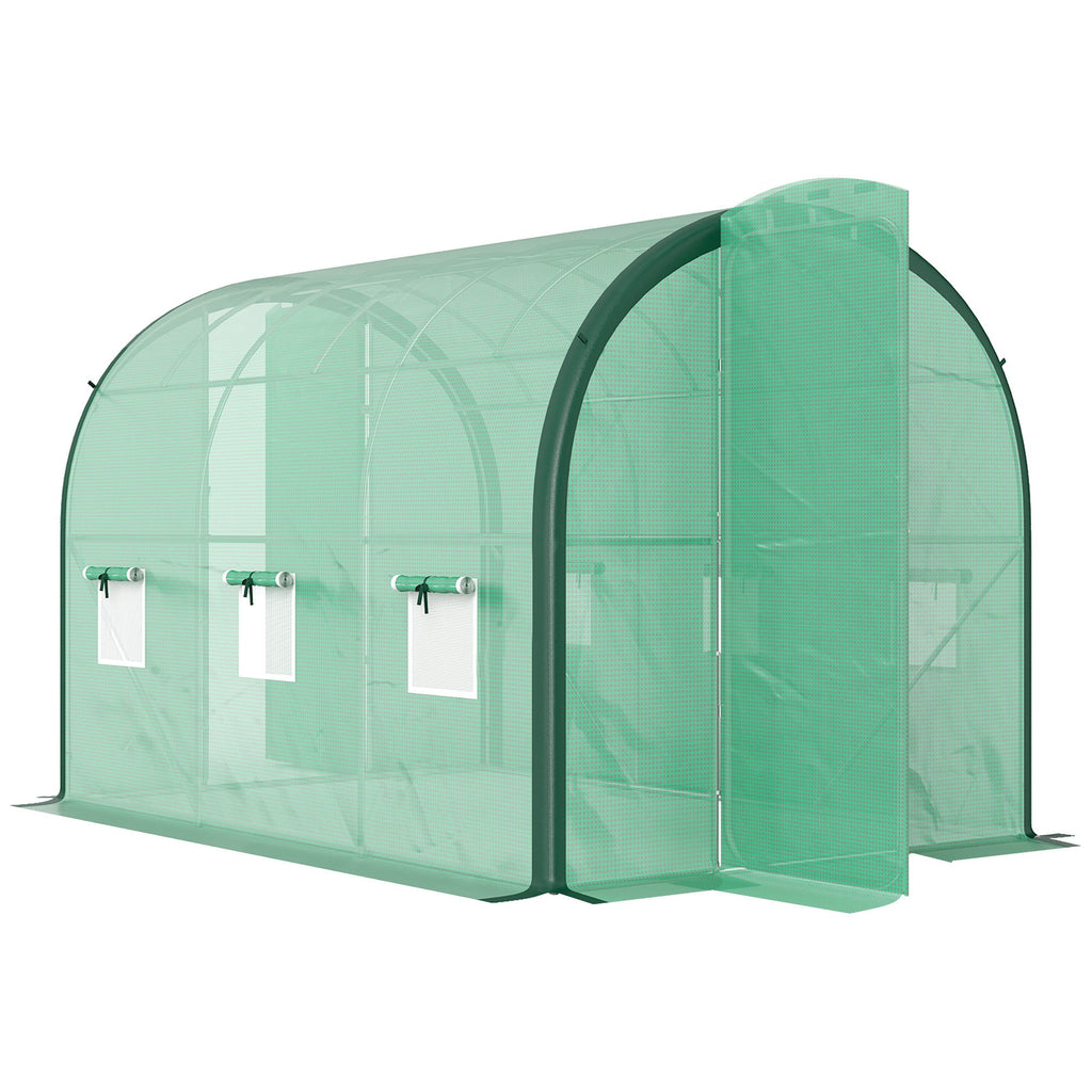 3 x 2m Walk-in Polytunnel Greenhouse with 2 Hinged Doors & 6 Mesh Windows, Green