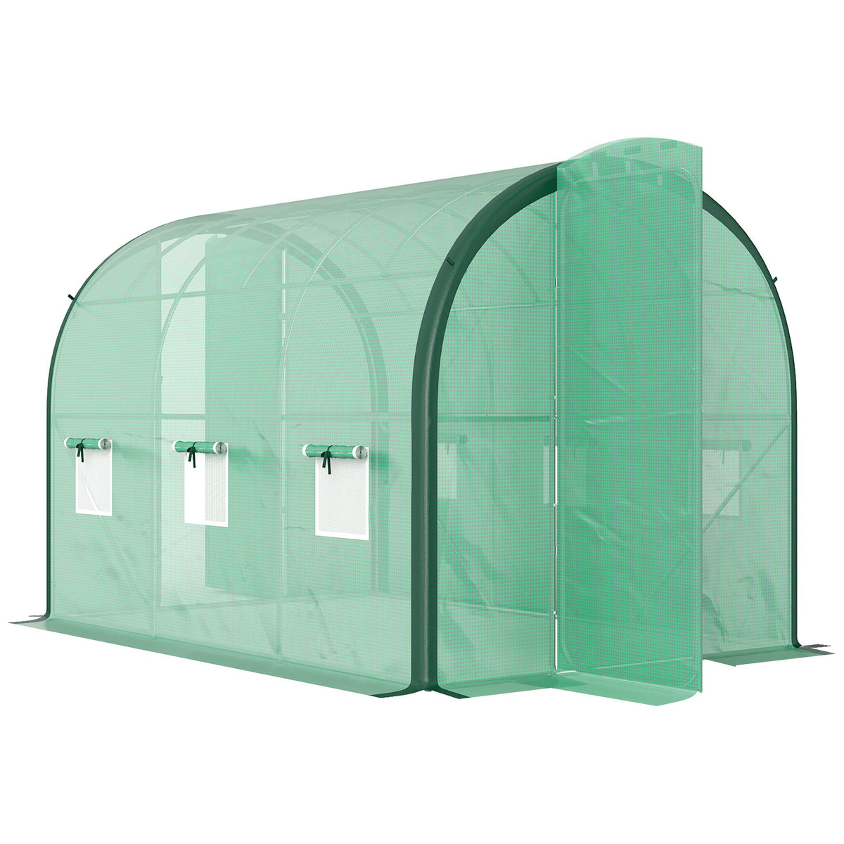 3 x 2m Walk-in Polytunnel Greenhouse with 2 Hinged Doors & 6 Mesh Windows, Green