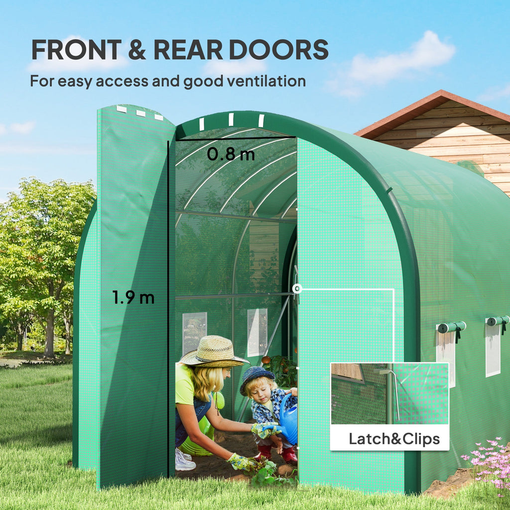 3 x 2m Walk-in Polytunnel Greenhouse with 2 Hinged Doors & 6 Mesh Windows, Green