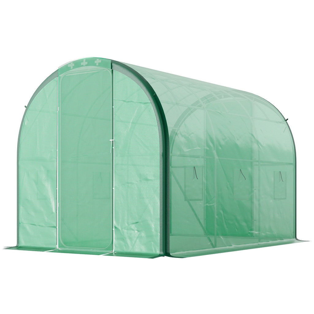 3 x 2m Walk-in Polytunnel Greenhouse with 2 Hinged Doors & 6 Mesh Windows, Green