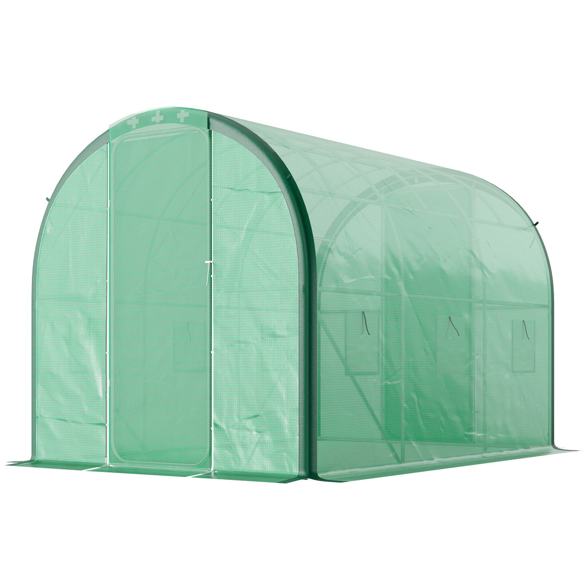 3 x 2m Walk-in Polytunnel Greenhouse with 2 Hinged Doors & 6 Mesh Windows, Green