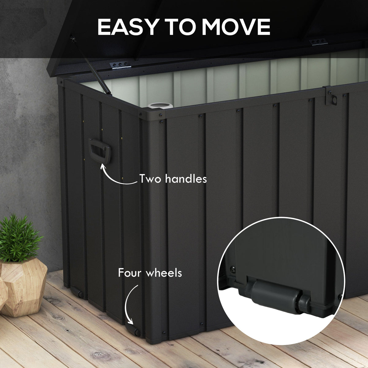 450L Outdoor Storage Box, Lockable Metal Storage Box with Wheels & Handles, Dark Grey