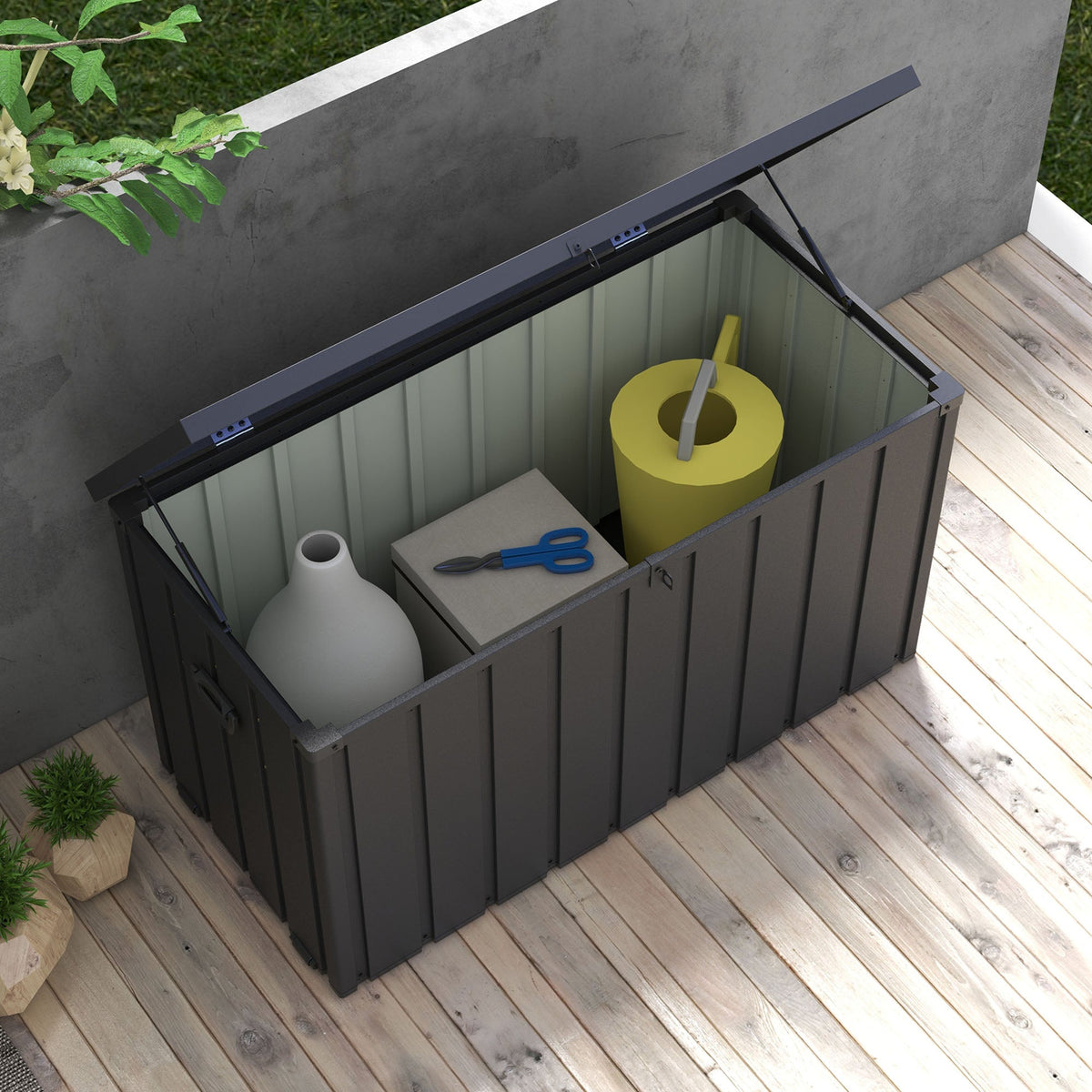 450L Outdoor Storage Box, Lockable Metal Storage Box with Wheels & Handles, Dark Grey