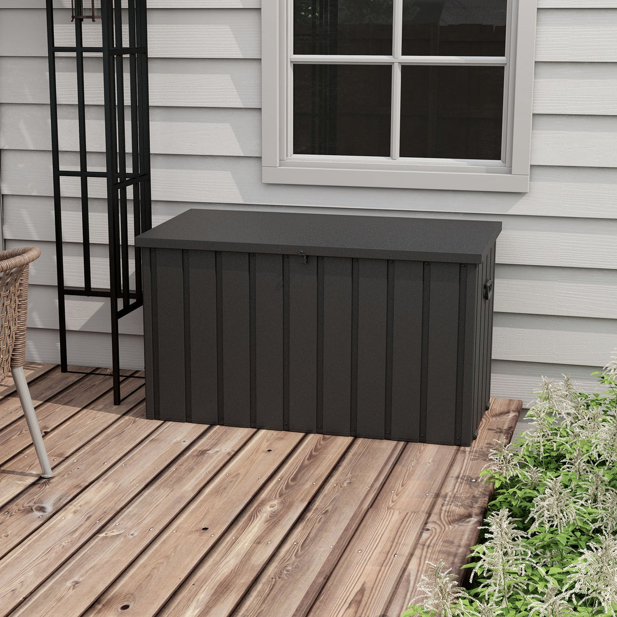 450L Outdoor Storage Box, Lockable Metal Storage Box with Wheels & Handles, Dark Grey
