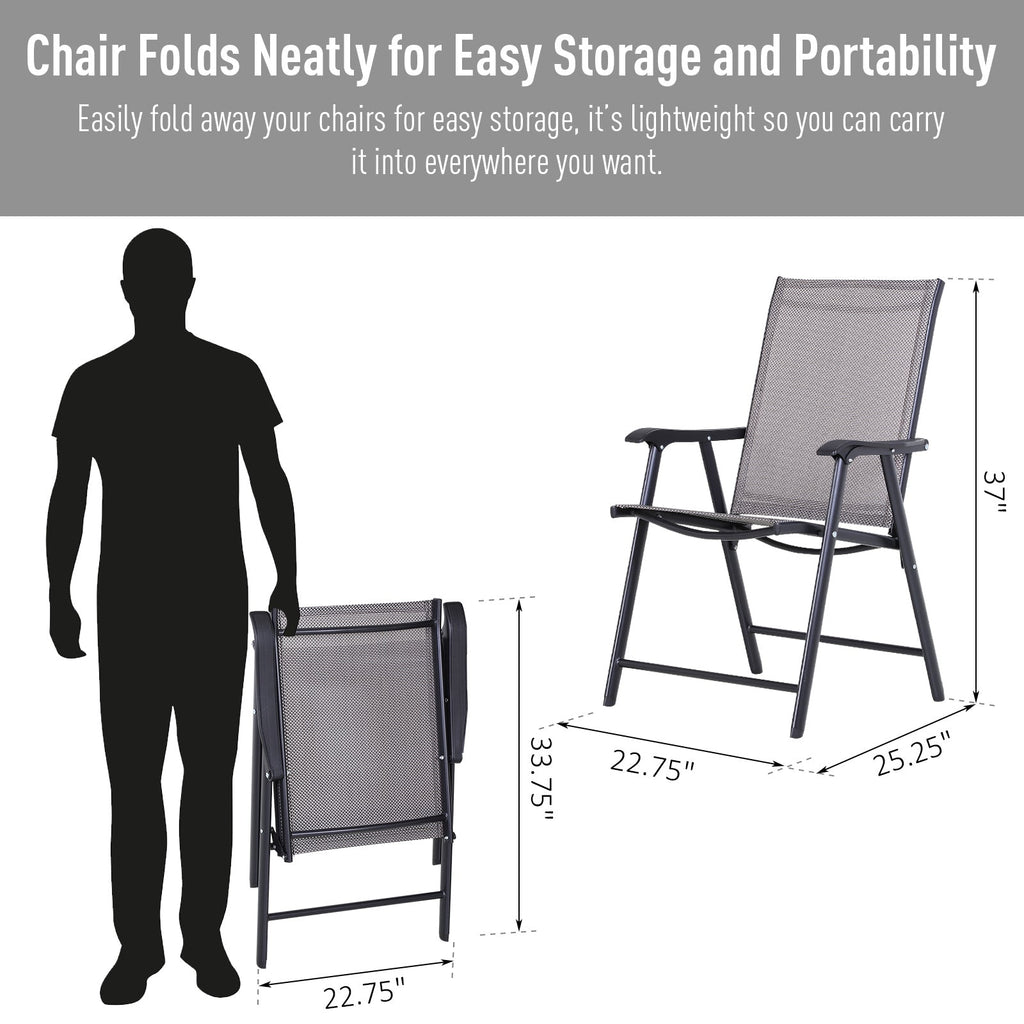 Set of 4 Stackable Outdoor Folding Chairs with Armrests, Metal Frame, Gray
