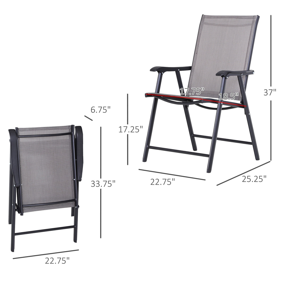 Set of 4 Stackable Outdoor Folding Chairs with Armrests, Metal Frame, Gray