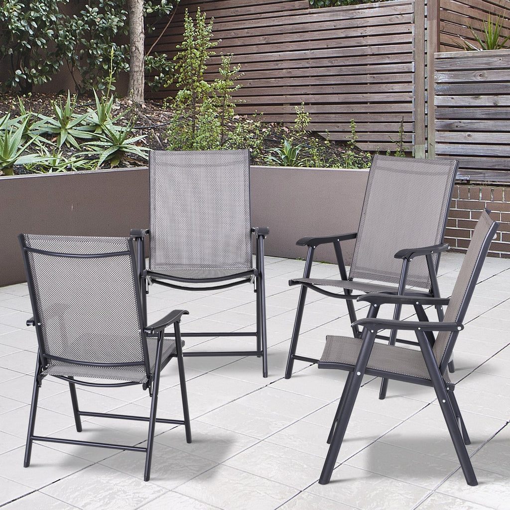 Set of 4 Stackable Outdoor Folding Chairs with Armrests, Metal Frame, Gray
