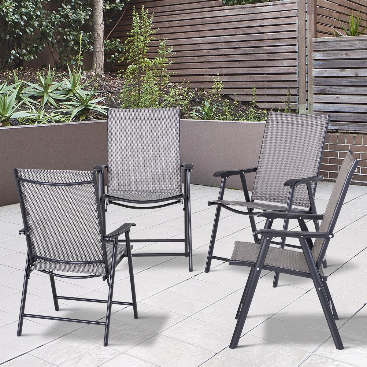 Set of 4 Stackable Outdoor Folding Chairs with Armrests, Metal Frame, Gray