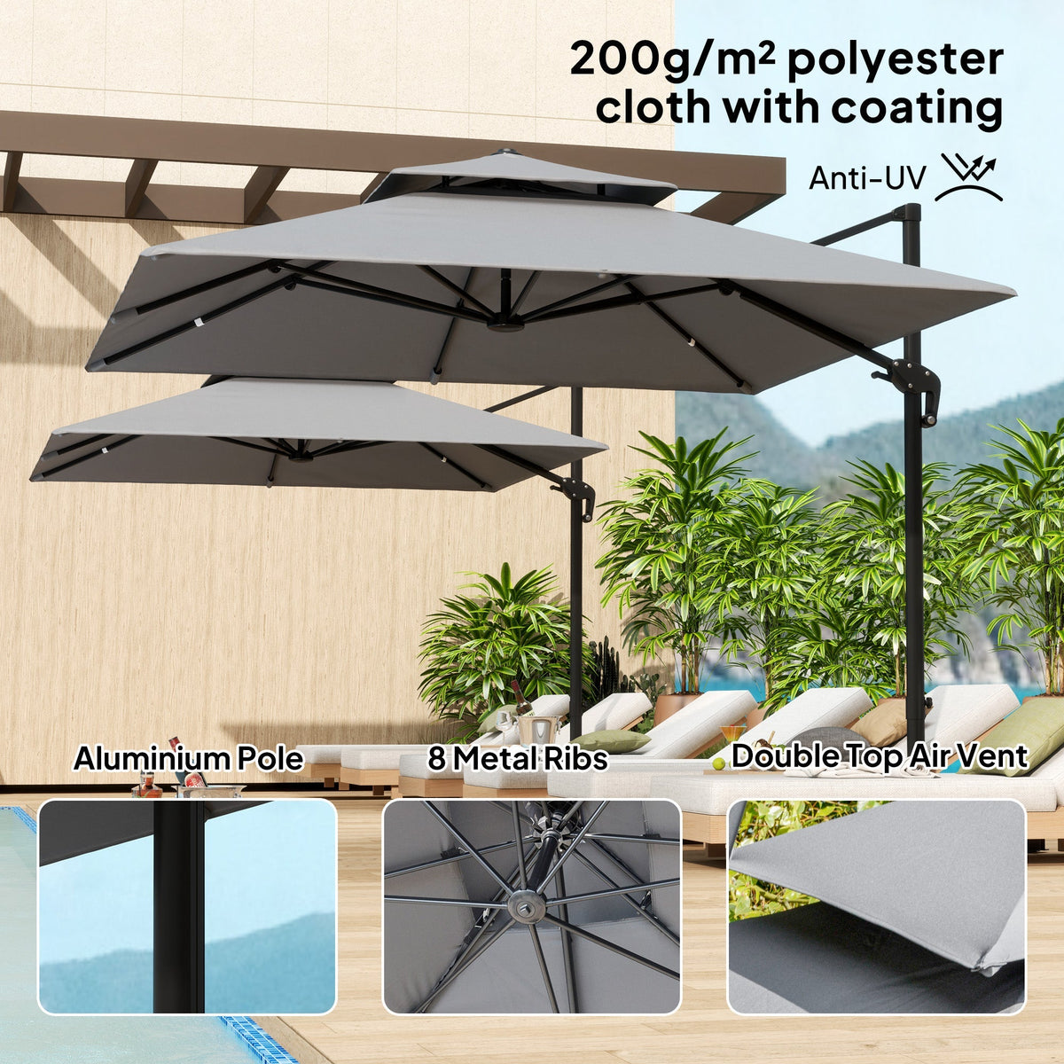 10' x 10' Double Top Square Offset Umbrella with Umbrella Cover, Light Grey
